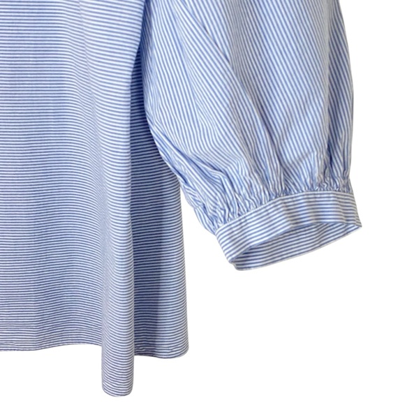 Lafayette 148 New York Blue Pinstripe 100% Cotton Square Neck Puff Sleeve Top L - Picture 2 of 6